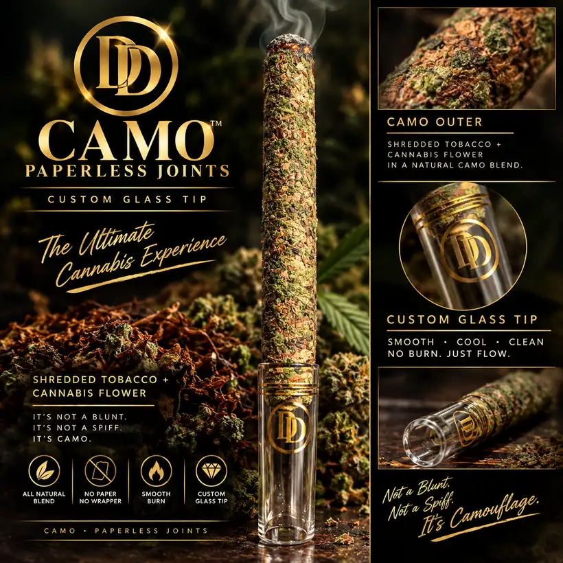 CAMO Paperless Joints concept artwork showing a paperless preroll with a camo outer blend and a custom glass tip with gold DD Signature
