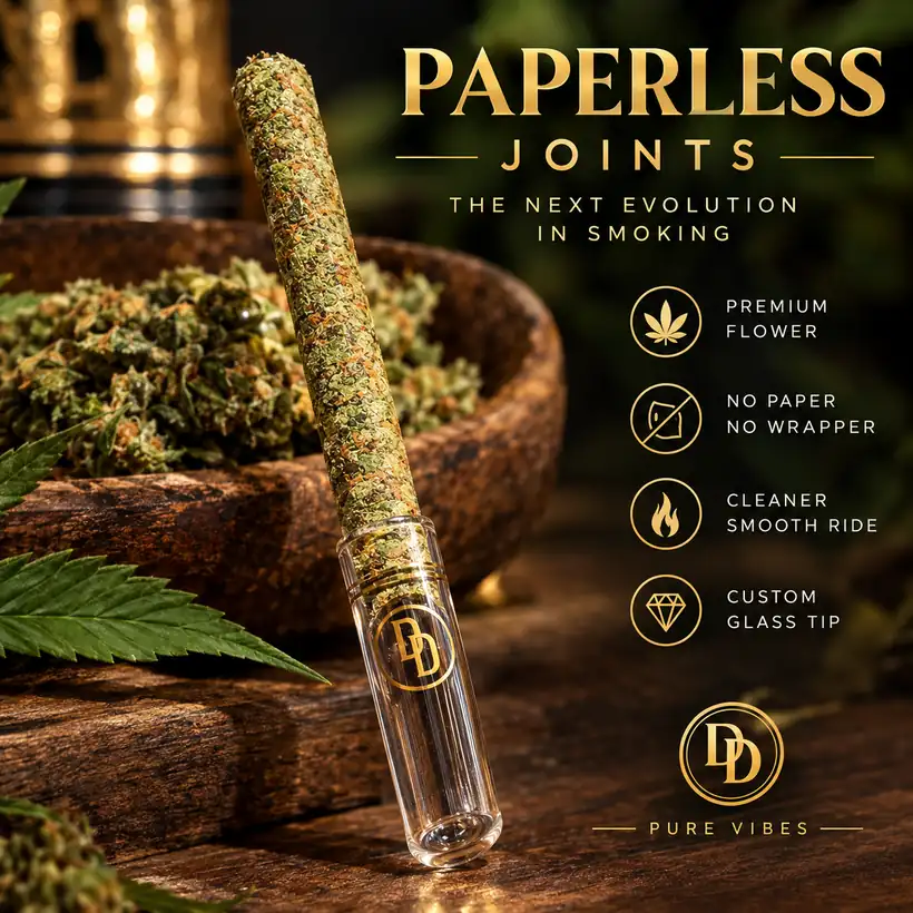 PURE paperless preroll invention concept with a clear custom glass tip and gold DD Signature logo beside cannabis flower